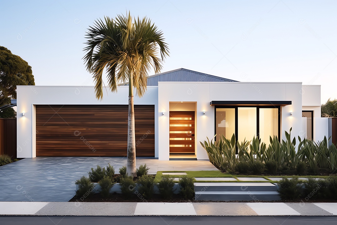 Fachada frontal exterior da nova casa moderna de estilo australiano, arquitetura residencial