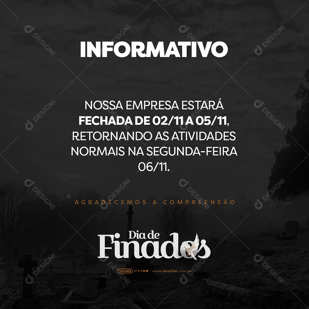 Dia De Finados 02 De Novembro Informativo Retornamos as Atividades Normais na Segunda-feira Social Media PSD Editável