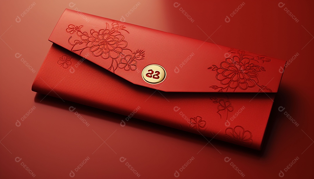 Ano Novo Chinês do conceito de festival de coelho. Tangerina, envelopes vermelhos, coelho e lingote de ouro decorado com flor de ameixa sobre fundo vermelho. O caractere chinês