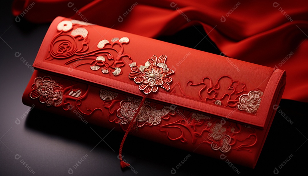 Ano Novo Chinês do conceito de festival de coelho. Tangerina, envelopes vermelhos, coelho e lingote de ouro decorado com flor de ameixa sobre fundo vermelho. O caractere chinês