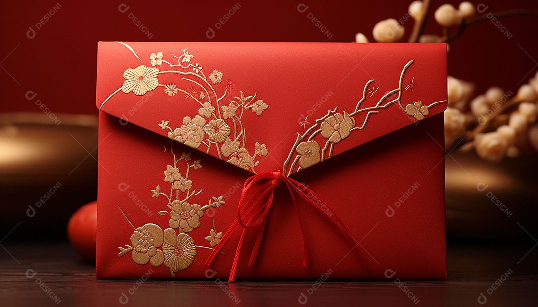 Ano Novo Chinês do conceito de festival de coelho. Tangerina, envelopes vermelhos, coelho e lingote de ouro decorado com flor de ameixa sobre fundo vermelho. O caractere chinês