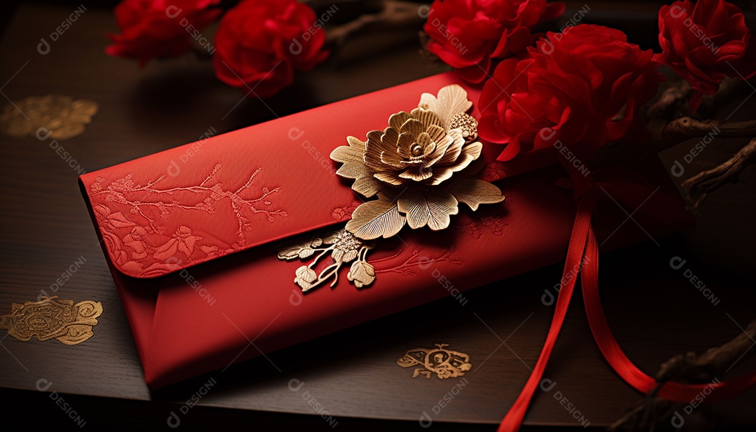 Ano Novo Chinês do conceito de festival de coelho. Tangerina, envelopes vermelhos, coelho e lingote de ouro decorado com flor de ameixa sobre fundo vermelho. O caractere chinês
