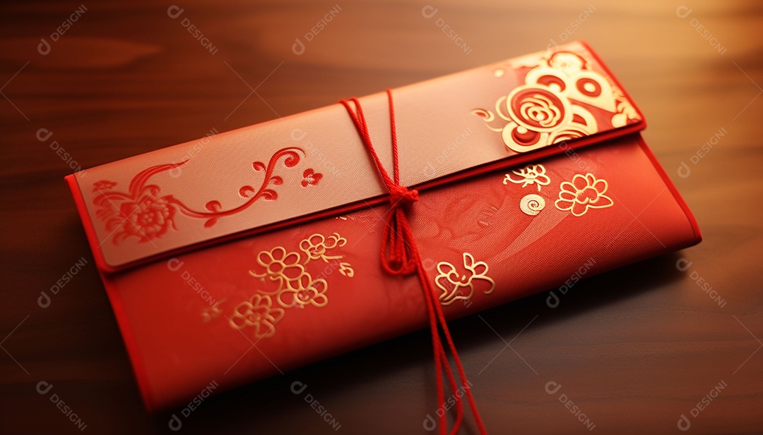 Ano Novo Chinês do conceito de festival de coelho. Tangerina, envelopes vermelhos, coelho e lingote de ouro decorado com flor de ameixa sobre fundo vermelho. O caractere chinês