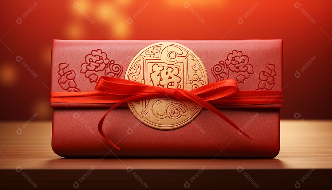 Ano Novo Chinês do conceito de festival de coelho. Tangerina, envelopes vermelhos, coelho e lingote de ouro decorado com flor de ameixa sobre fundo vermelho. O caractere chinês