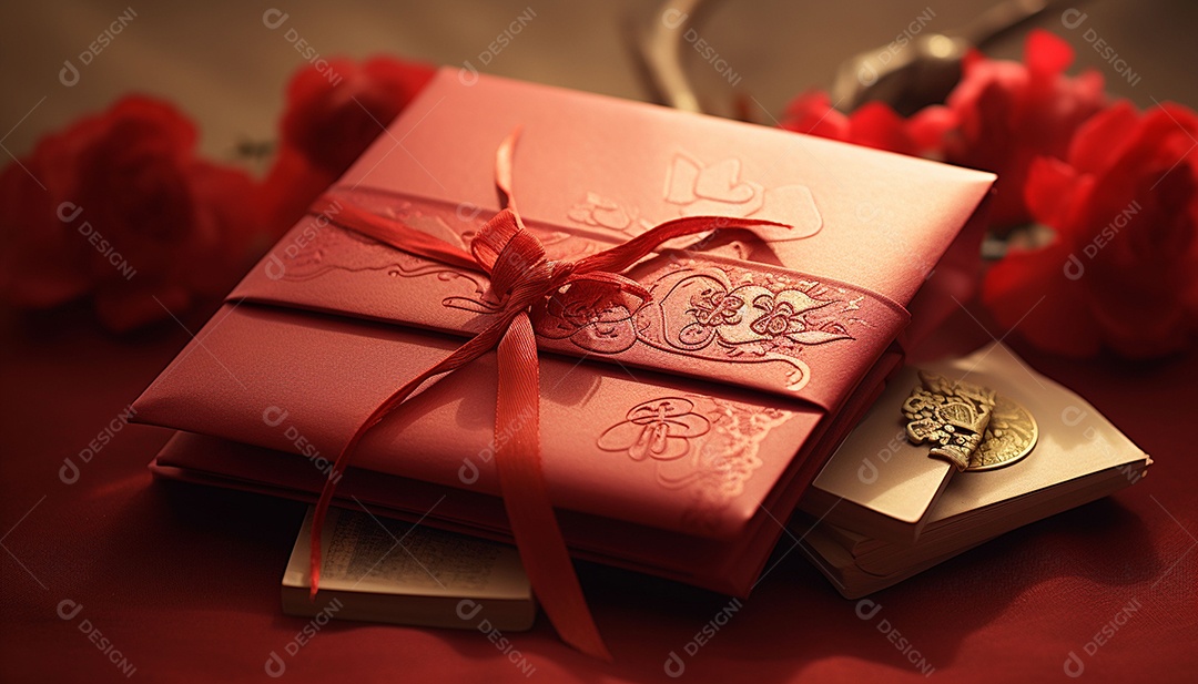 Ano Novo Chinês do conceito de festival de coelho. Tangerina, envelopes vermelhos, coelho e lingote de ouro decorado com flor de ameixa sobre fundo vermelho. O caractere chinês