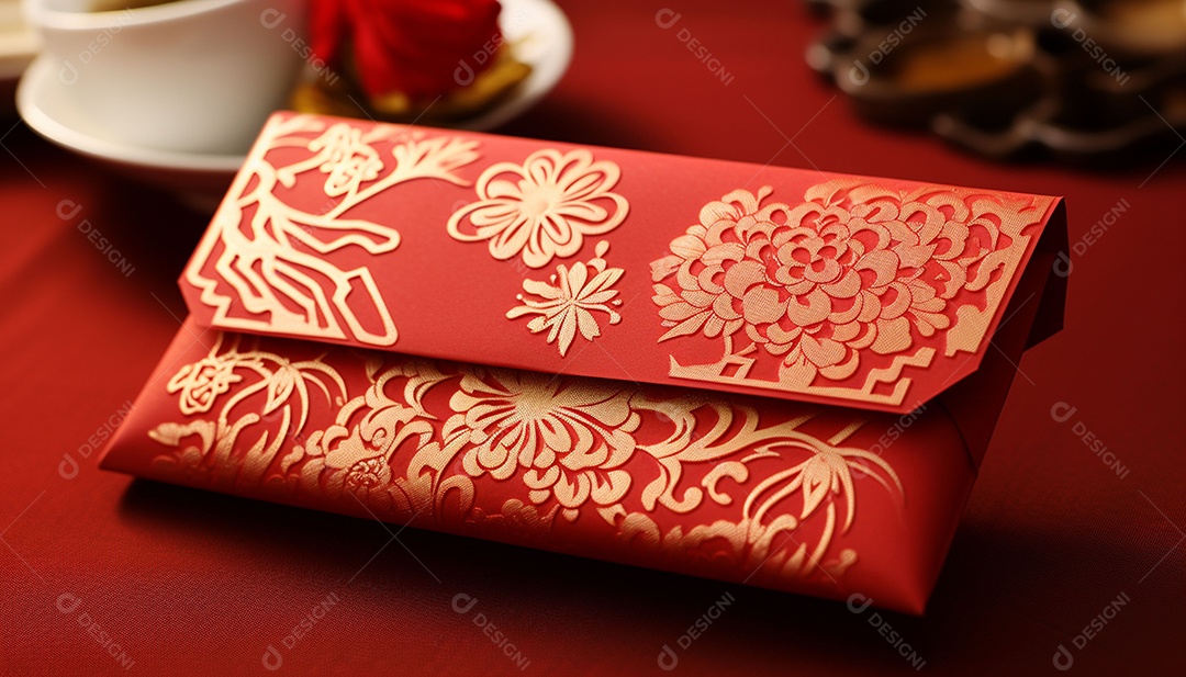 Ano Novo Chinês do conceito de festival de coelho. Tangerina, envelopes vermelhos, coelho e lingote de ouro decorado com flor de ameixa sobre fundo vermelho. O caractere chinês