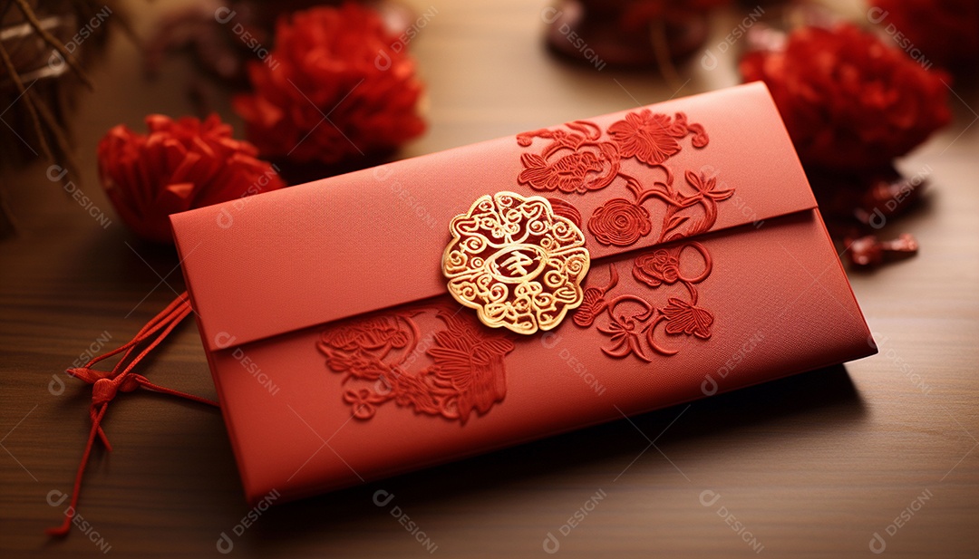 Ano Novo Chinês do conceito de festival de coelho. Tangerina, envelopes vermelhos, coelho e lingote de ouro decorado com flor de ameixa sobre fundo vermelho. O caractere chinês