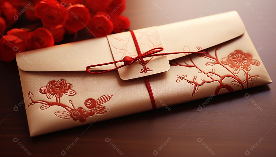 Ano Novo Chinês do conceito de festival de coelho. Tangerina, envelopes vermelhos, coelho e lingote de ouro decorado com flor de ameixa sobre fundo vermelho. O caractere chinês