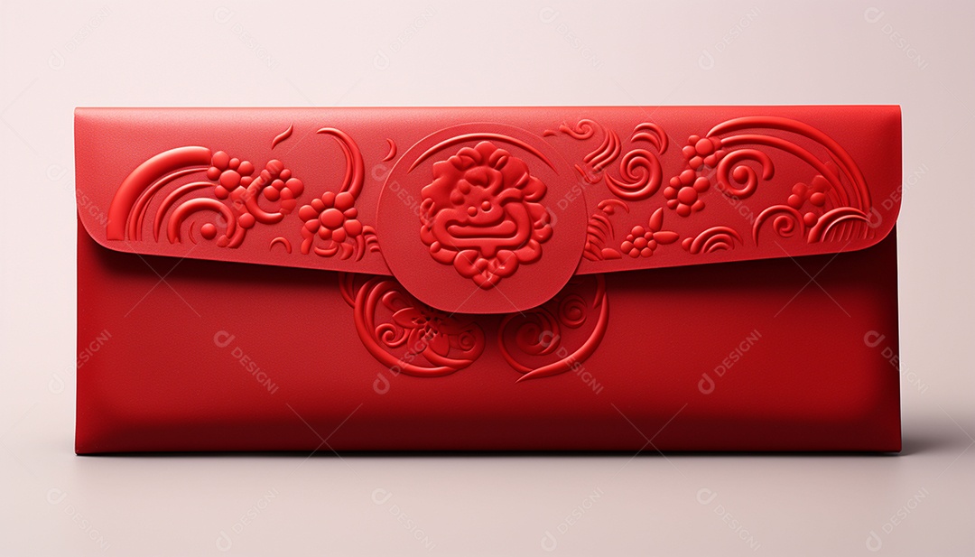 Ano Novo Chinês do conceito de festival de coelho. Tangerina, envelopes vermelhos, coelho e lingote de ouro decorado com flor de ameixa sobre fundo vermelho. O caractere chinês