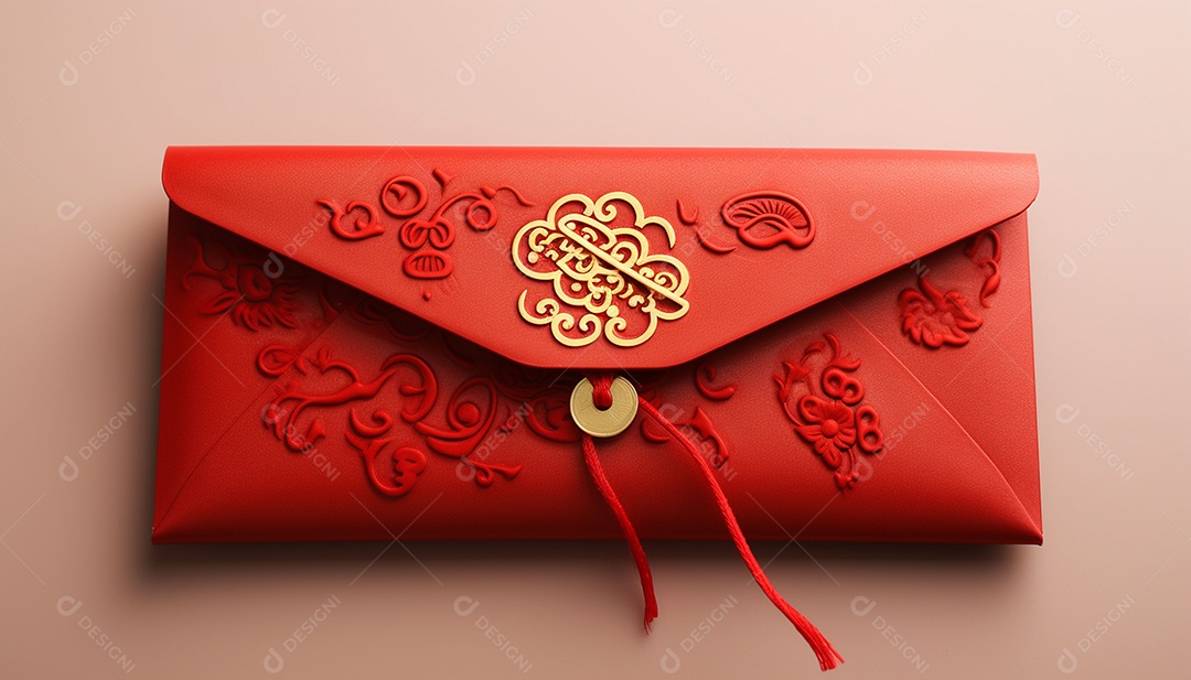 Ano Novo Chinês do conceito de festival de coelho. Tangerina, envelopes vermelhos, coelho e lingote de ouro decorado com flor de ameixa sobre fundo vermelho. O caractere chinês