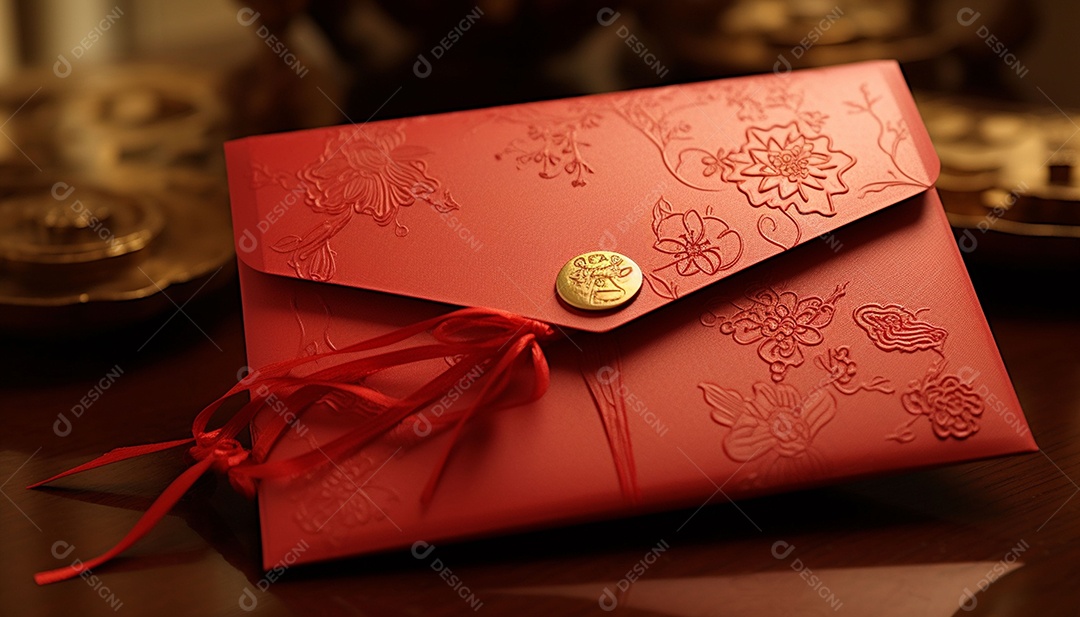 Ano Novo Chinês do conceito de festival de coelho. Tangerina, envelopes vermelhos, coelho e lingote de ouro decorado com flor de ameixa sobre fundo vermelho. O caractere chinês