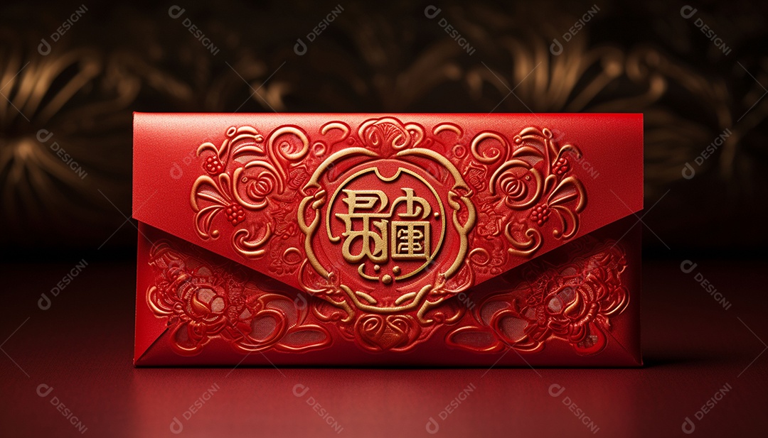 Ano Novo Chinês do conceito de festival de coelho. Tangerina, envelopes vermelhos, coelho e lingote de ouro decorado com flor de ameixa sobre fundo vermelho. O caractere chinês