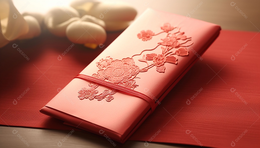 Ano Novo Chinês do conceito de festival de coelho. Tangerina, envelopes vermelhos, coelho e lingote de ouro decorado com flor de ameixa sobre fundo vermelho. O caractere chinês