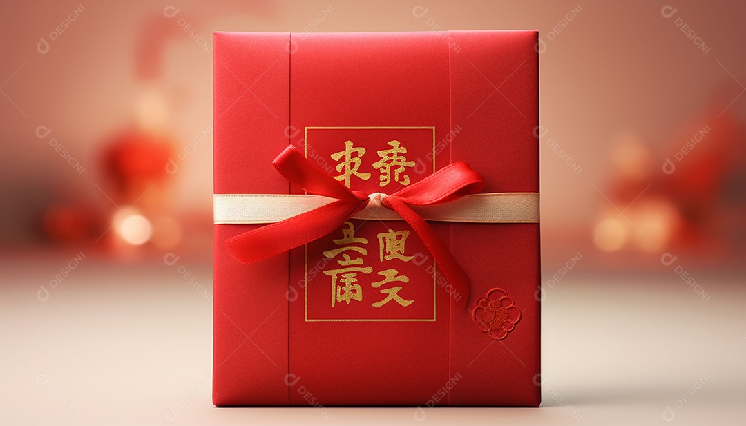 Ano Novo Chinês do conceito de festival de coelho. Tangerina, envelopes vermelhos, coelho e lingote de ouro decorado com flor de ameixa sobre fundo vermelho. O caractere chinês