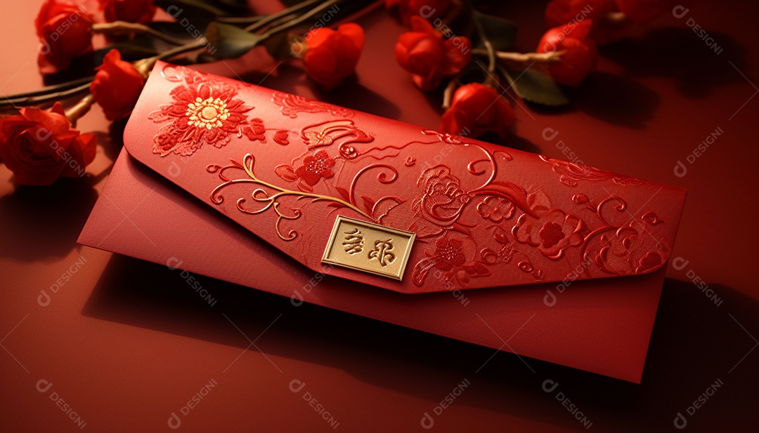 Ano Novo Chinês do conceito de festival de coelho. Tangerina, envelopes vermelhos, coelho e lingote de ouro decorado com flor de ameixa sobre fundo vermelho. O caractere chinês