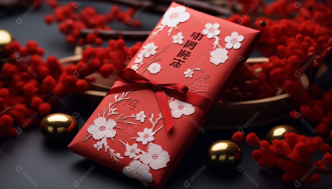 Ano Novo Chinês do conceito de festival de coelho. Tangerina, envelopes vermelhos, coelho e lingote de ouro decorado com flor de ameixa sobre fundo vermelho. O caractere chinês