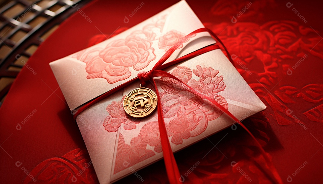 Ano Novo Chinês do conceito de festival de coelho. Tangerina, envelopes vermelhos, coelho e lingote de ouro decorado com flor de ameixa sobre fundo vermelho. O caractere chinês