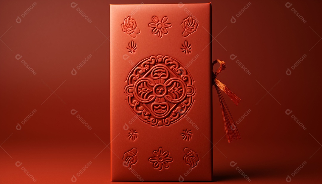 Ano Novo Chinês do conceito de festival de coelho. Tangerina, envelopes vermelhos, coelho e lingote de ouro decorado com flor de ameixa sobre fundo vermelho. O caractere chinês