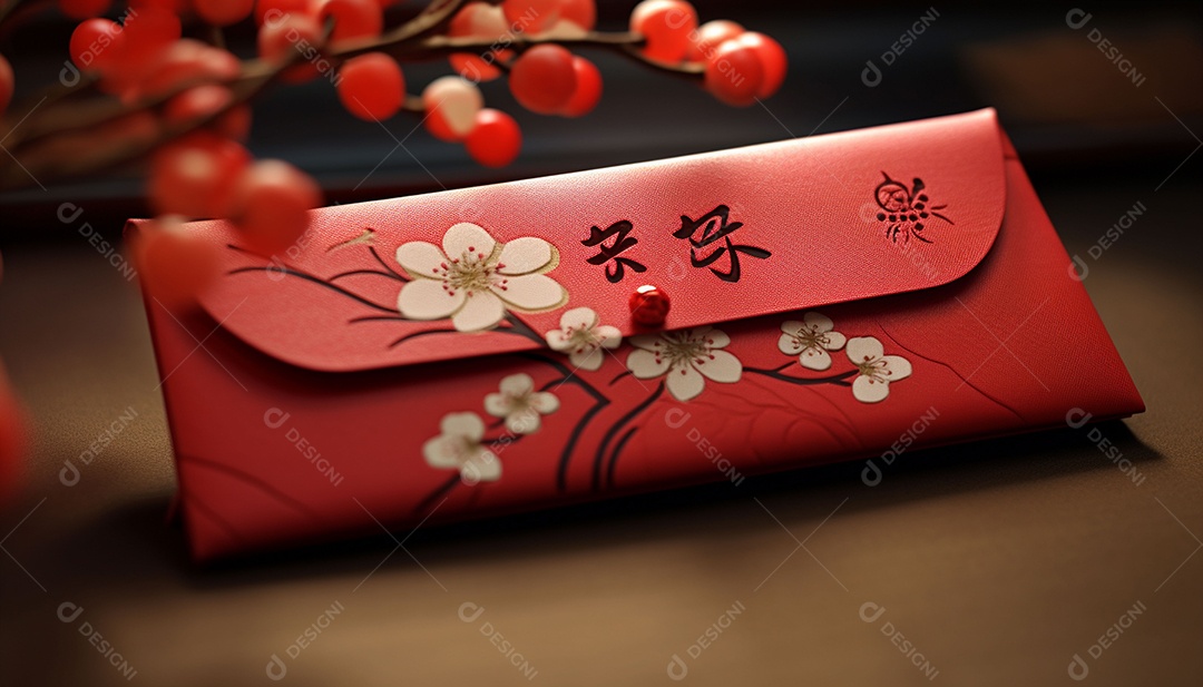 Ano Novo Chinês do conceito de festival de coelho. Tangerina, envelopes vermelhos, coelho e lingote de ouro decorado com flor de ameixa sobre fundo vermelho. O caractere chinês