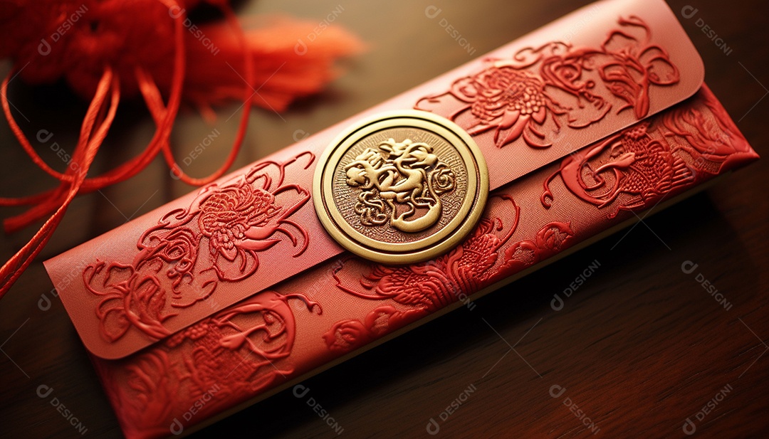 Ano Novo Chinês do conceito de festival de coelho. Tangerina, envelopes vermelhos, coelho e lingote de ouro decorado com flor de ameixa sobre fundo vermelho. O caractere chinês