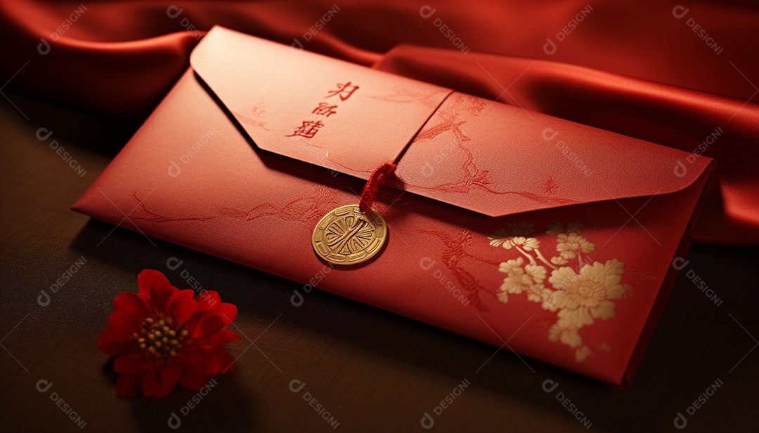 Ano Novo Chinês do conceito de festival de coelho. Tangerina, envelopes vermelhos, coelho e lingote de ouro decorado com flor de ameixa sobre fundo vermelho. O caractere chinês