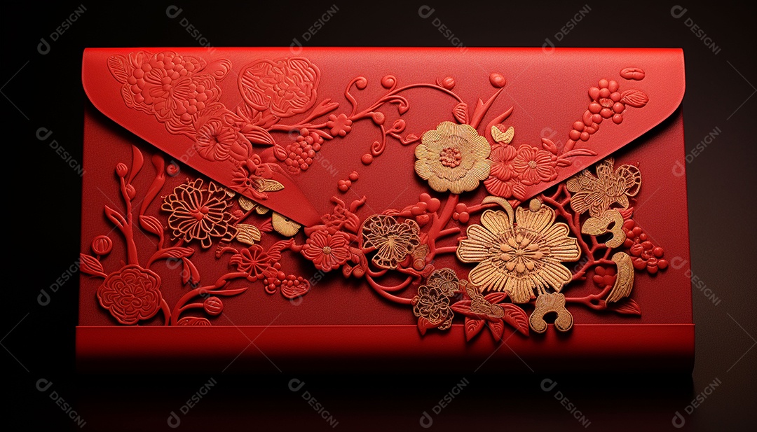 Ano Novo Chinês do conceito de festival de coelho. Tangerina, envelopes vermelhos, coelho e lingote de ouro decorado com flor de ameixa sobre fundo vermelho. O caractere chinês