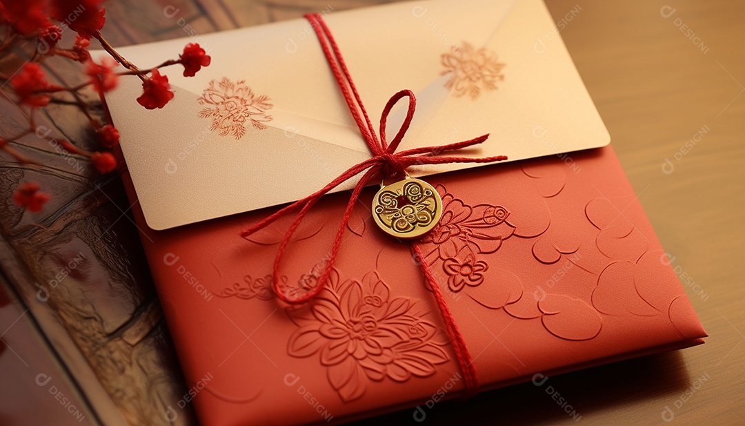 Ano Novo Chinês do conceito de festival de coelho. Tangerina, envelopes vermelhos, coelho e lingote de ouro decorado com flor de ameixa sobre fundo vermelho. O caractere chinês