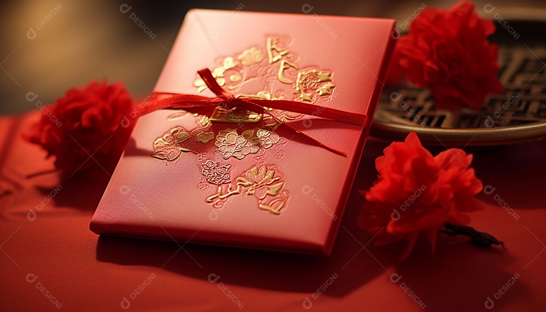 Ano Novo Chinês do conceito de festival de coelho. Tangerina, envelopes vermelhos, coelho e lingote de ouro decorado com flor de ameixa sobre fundo vermelho. O caractere chinês