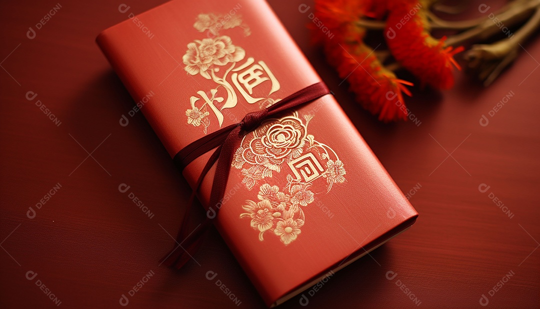 Ano Novo Chinês do conceito de festival de coelho. Tangerina, envelopes vermelhos, coelho e lingote de ouro decorado com flor de ameixa sobre fundo vermelho. O caractere chinês