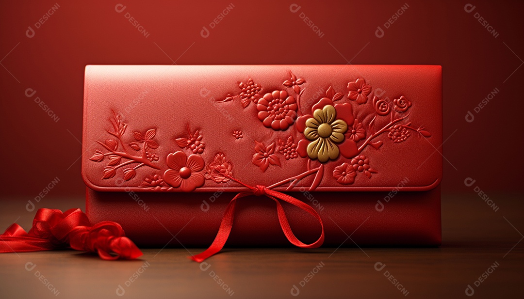 Ano Novo Chinês do conceito de festival de coelho. Tangerina, envelopes vermelhos, coelho e lingote de ouro decorado com flor de ameixa sobre fundo vermelho. O caractere chinês