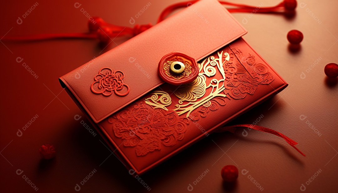 Ano Novo Chinês do conceito de festival de coelho. Tangerina, envelopes vermelhos, coelho e lingote de ouro decorado com flor de ameixa sobre fundo vermelho. O caractere chinês