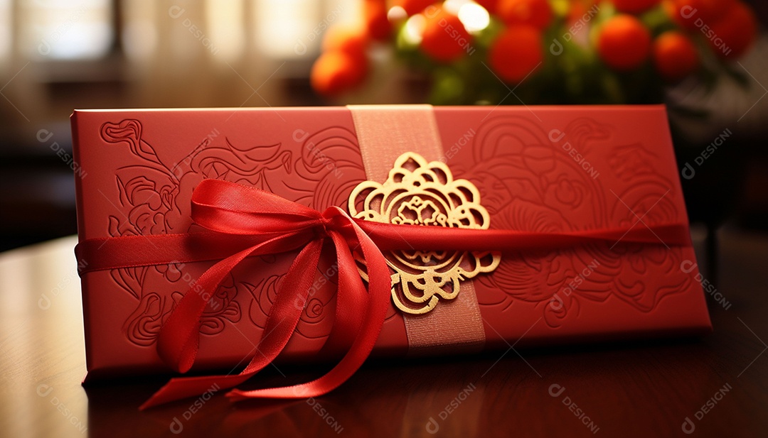 Ano Novo Chinês do conceito de festival de coelho. Tangerina, envelopes vermelhos, coelho e lingote de ouro decorado com flor de ameixa sobre fundo vermelho. O caractere chinês