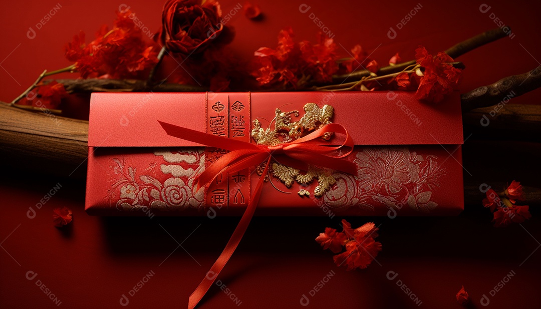 Ano Novo Chinês do conceito de festival de coelho. Tangerina, envelopes vermelhos, coelho e lingote de ouro decorado com flor de ameixa sobre fundo vermelho. O caractere chinês