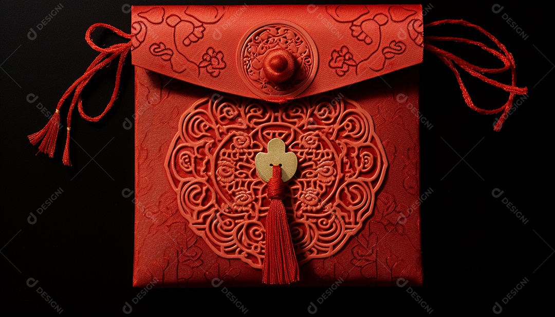 Ano Novo Chinês do conceito de festival de coelho. Tangerina, envelopes vermelhos, coelho e lingote de ouro decorado com flor de ameixa sobre fundo vermelho. O caractere chinês