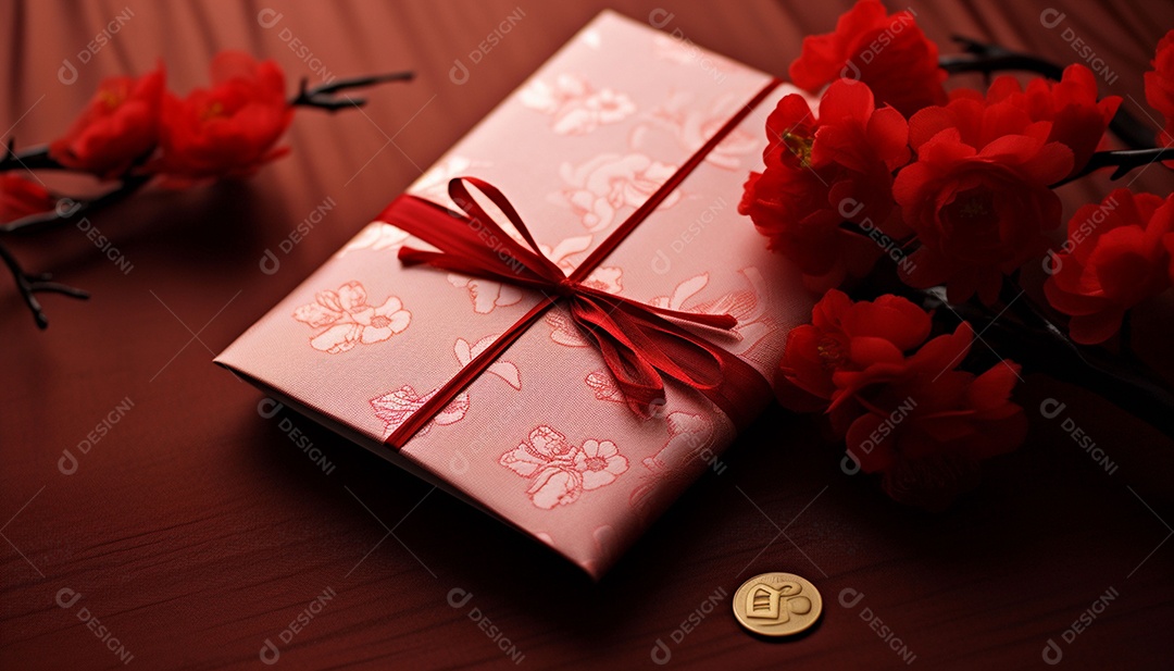 Ano Novo Chinês do conceito de festival de coelho. Tangerina, envelopes vermelhos, coelho e lingote de ouro decorado com flor de ameixa sobre fundo vermelho. O caractere chinês