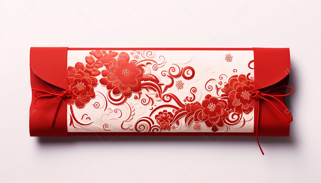 Ano Novo Chinês do conceito de festival de coelho. Tangerina, envelopes vermelhos, coelho e lingote de ouro decorado com flor de ameixa sobre fundo vermelho. O caractere chinês