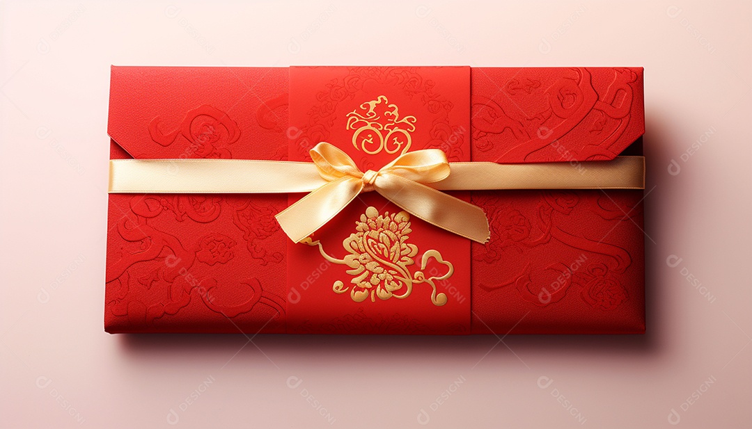 Ano Novo Chinês do conceito de festival de coelho. Tangerina, envelopes vermelhos, coelho e lingote de ouro decorado com flor de ameixa sobre fundo vermelho. O caractere chinês