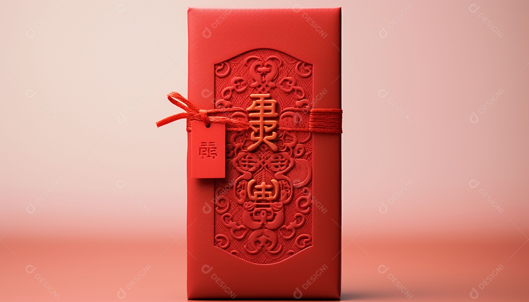 Ano Novo Chinês do conceito de festival de coelho. Tangerina, envelopes vermelhos, coelho e lingote de ouro decorado com flor de ameixa sobre fundo vermelho. O caractere chinês