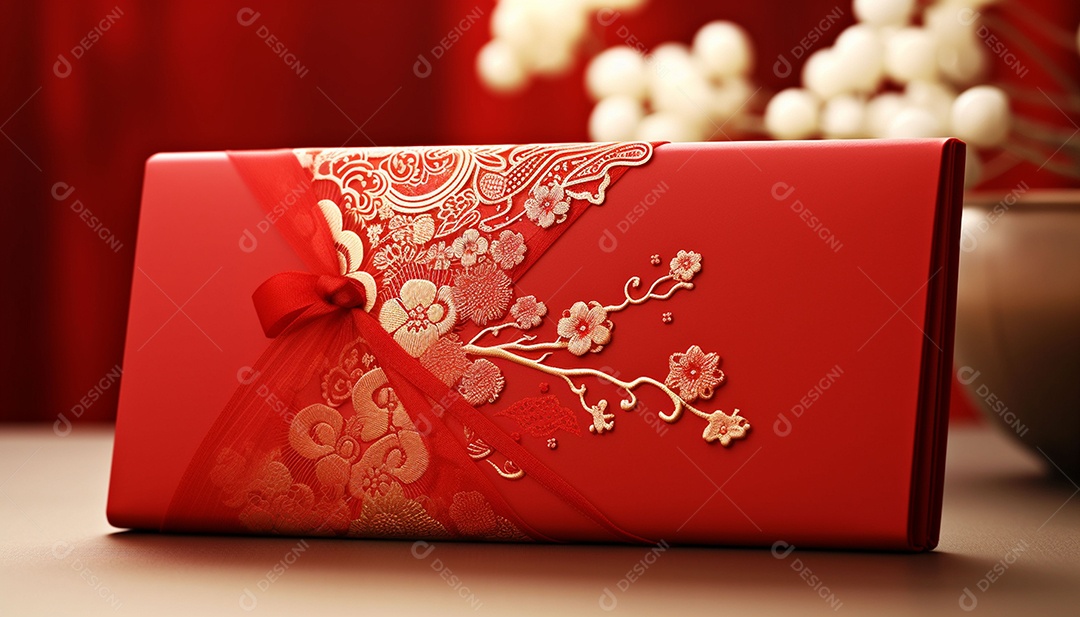 Ano Novo Chinês do conceito de festival de coelho. Tangerina, envelopes vermelhos, coelho e lingote de ouro decorado com flor de ameixa sobre fundo vermelho. O caractere chinês