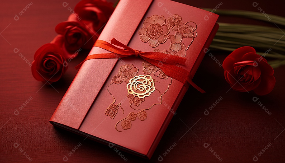 Ano Novo Chinês do conceito de festival de coelho. Tangerina, envelopes vermelhos, coelho e lingote de ouro decorado com flor de ameixa sobre fundo vermelho. O caractere chinês