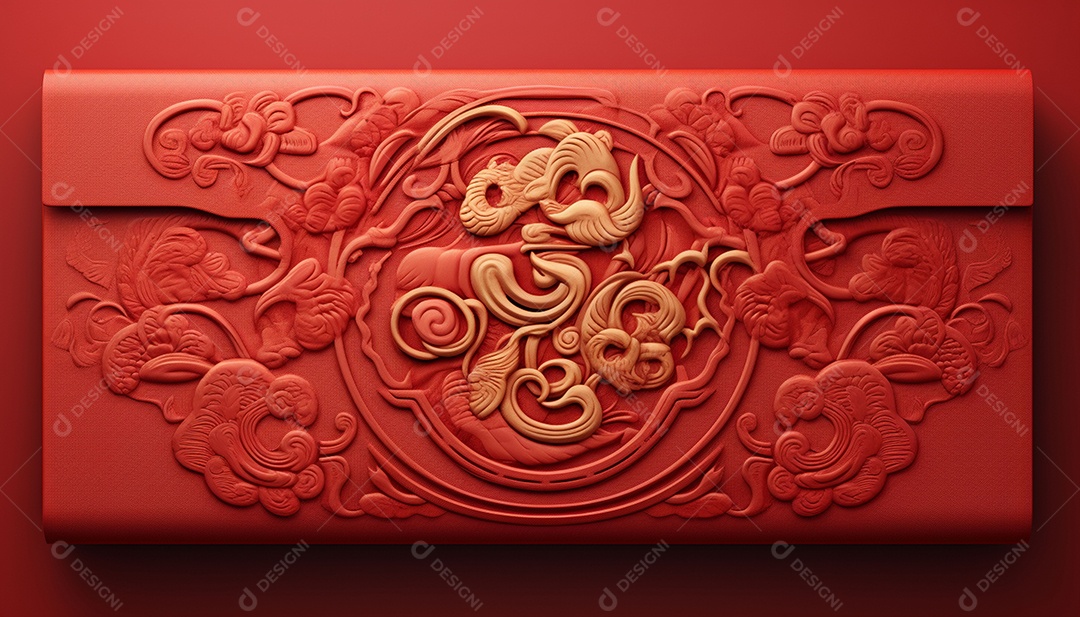Ano Novo Chinês do conceito de festival de coelho. Tangerina, envelopes vermelhos, coelho e lingote de ouro decorado com flor de ameixa sobre fundo vermelho. O caractere chinês