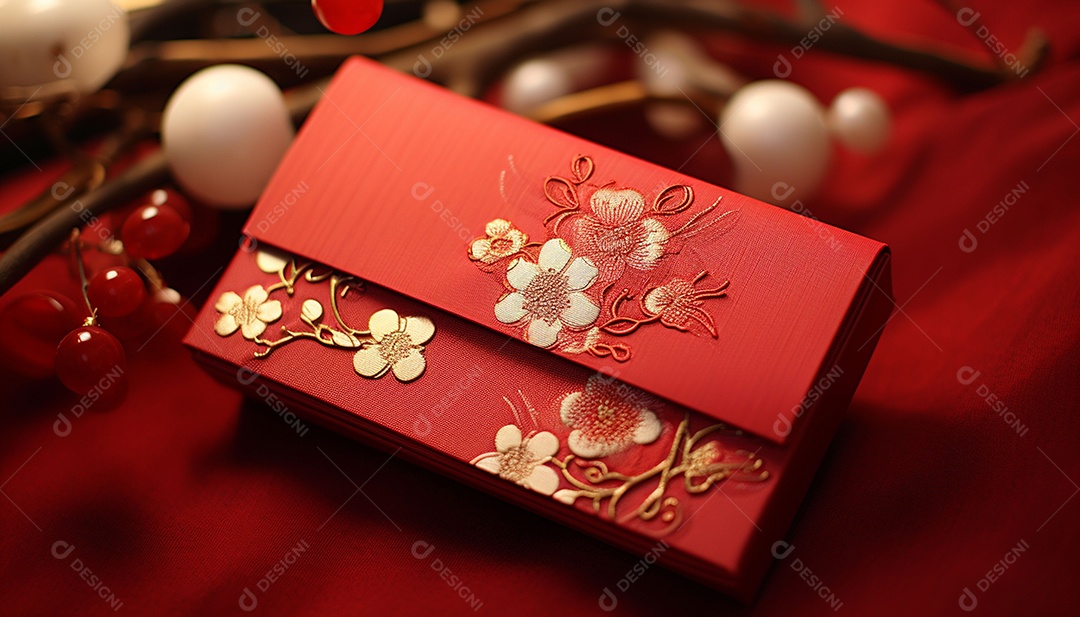 Ano Novo Chinês do conceito de festival de coelho. Tangerina, envelopes vermelhos, coelho e lingote de ouro decorado com flor de ameixa sobre fundo vermelho. O caractere chinês