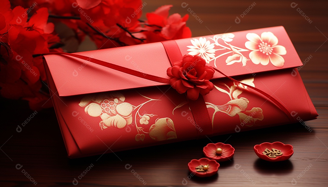 Ano Novo Chinês do conceito de festival de coelho. Tangerina, envelopes vermelhos, coelho e lingote de ouro decorado com flor de ameixa sobre fundo vermelho. O caractere chinês