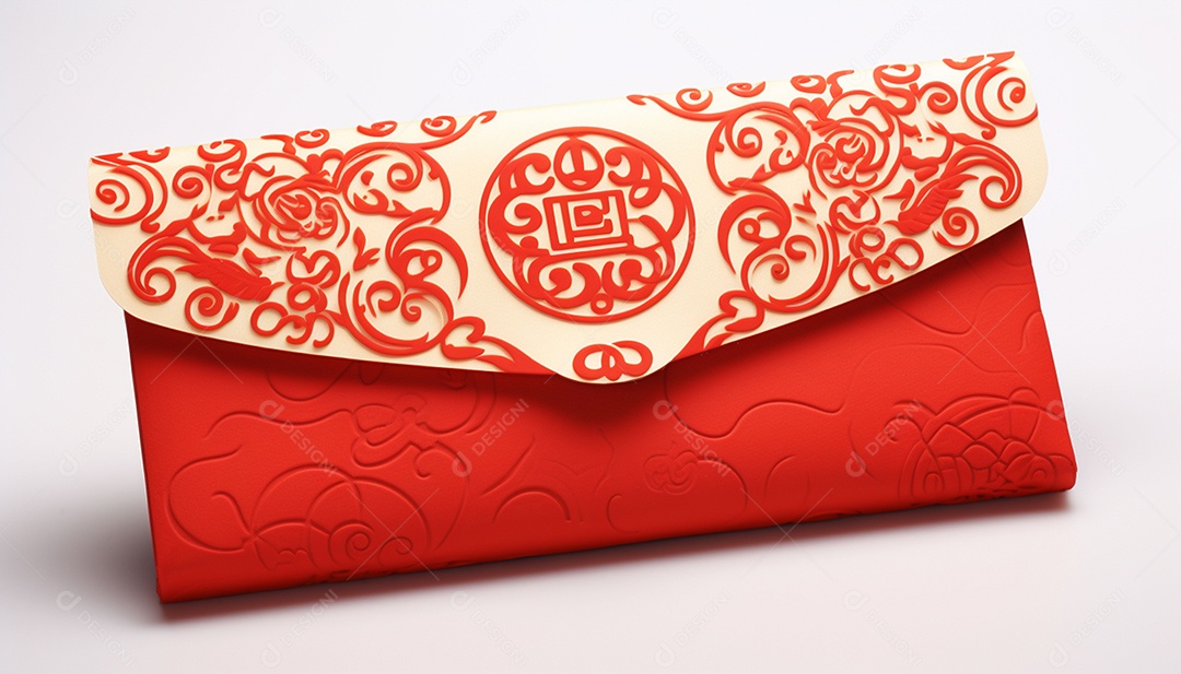 Ano Novo Chinês do conceito de festival de coelho. Tangerina, envelopes vermelhos, coelho e lingote de ouro decorado com flor de ameixa sobre fundo vermelho. O caractere chinês