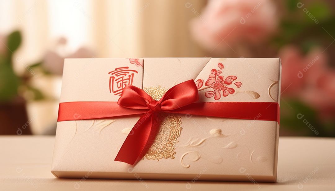 Ano Novo Chinês do conceito de festival de coelho. Tangerina, envelopes vermelhos, coelho e lingote de ouro decorado com flor de ameixa sobre fundo vermelho. O caractere chinês