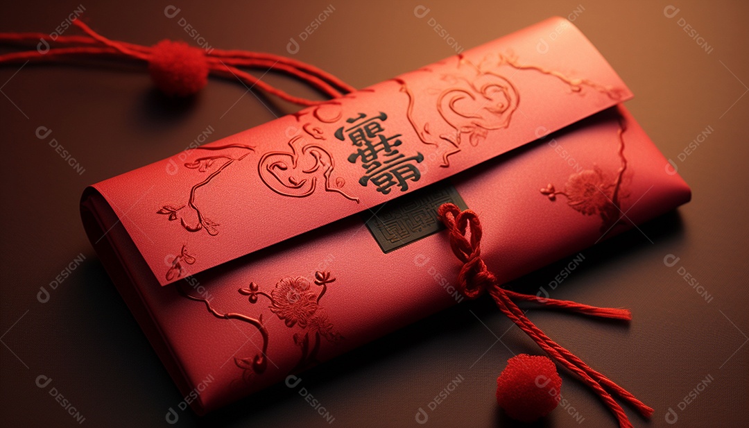 Ano Novo Chinês do conceito de festival de coelho. Tangerina, envelopes vermelhos, coelho e lingote de ouro decorado com flor de ameixa sobre fundo vermelho. O caractere chinês