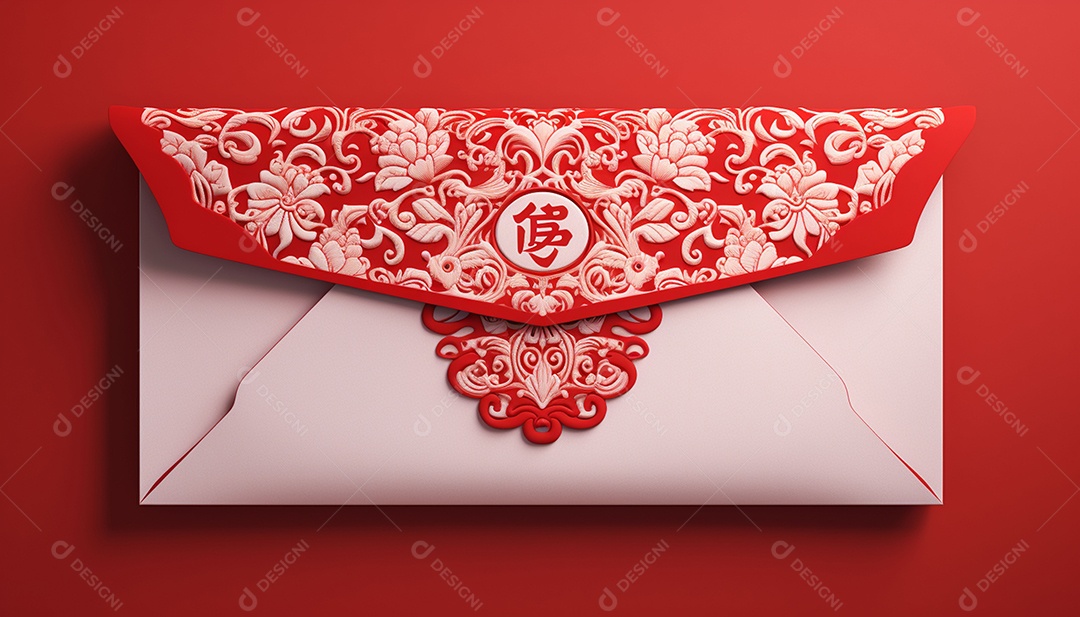 Ano Novo Chinês do conceito de festival de coelho. Tangerina, envelopes vermelhos, coelho e lingote de ouro decorado com flor de ameixa sobre fundo vermelho. O caractere chinês