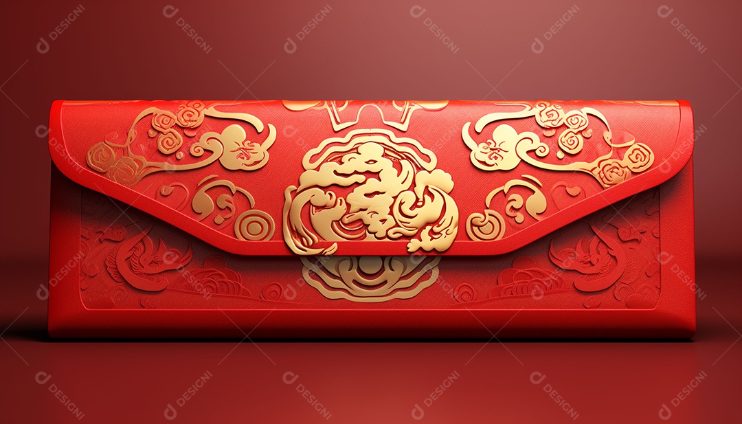 Ano Novo Chinês do conceito de festival de coelho. Tangerina, envelopes vermelhos, coelho e lingote de ouro decorado com flor de ameixa sobre fundo vermelho. O caractere chinês