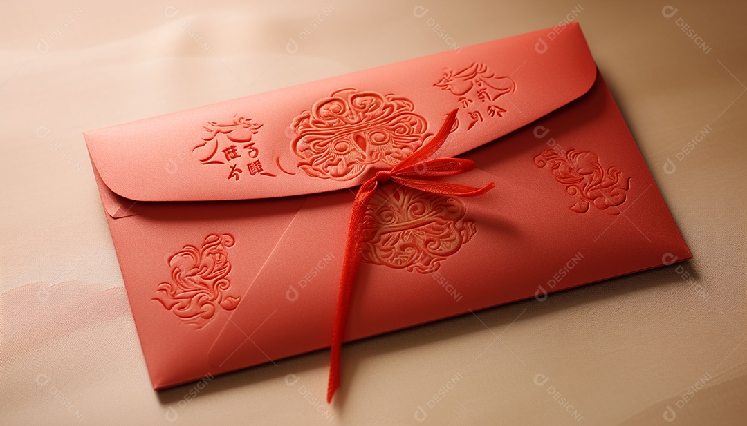 Ano Novo Chinês do conceito de festival de coelho. Tangerina, envelopes vermelhos, coelho e lingote de ouro decorado com flor de ameixa sobre fundo vermelho. O caractere chinês