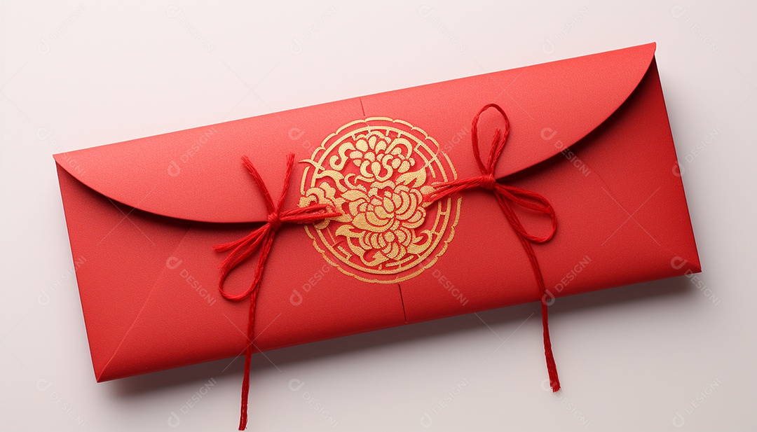 Ano Novo Chinês do conceito de festival de coelho. Tangerina, envelopes vermelhos, coelho e lingote de ouro decorado com flor de ameixa sobre fundo vermelho. O caractere chinês